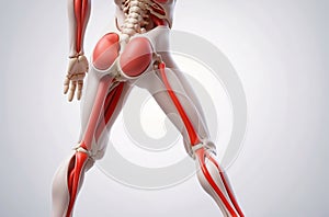 Back of skeleton red muscles on white background