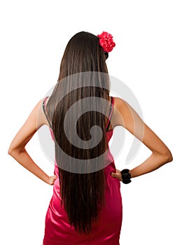 Back of slim female with long hair isolated