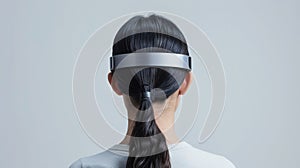 The back of someones head with a device attached to scalp. The device a brainsensing headband is equipped with sensors