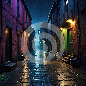 Back street alley with old city houses in rain at Colorful cartoon modern good for your