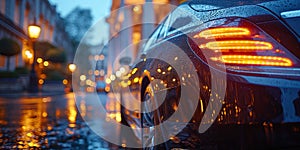 back taillight of luxury business car parked in street at night close-up