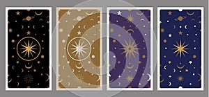 Back of Tarot card decorated with stars, sun and moon. Esoteric background