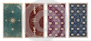 Back of Tarot card or playing card with floral ornamental elements and esoteric symbols on old paper. Victorian vintage style.