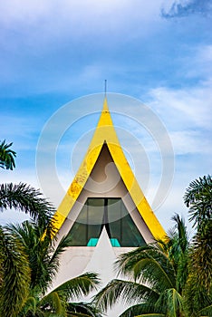 The back of the temple is a bright blue sky