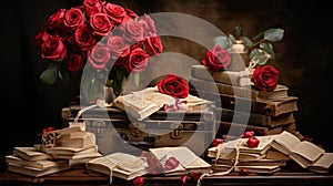 Back in time with an evocative still life arrangement of vintage love letters, red roses, and delicate lace.