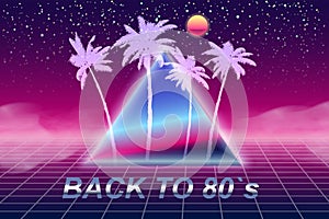 Back to 80's retro banner vaporwave aesthetic background Synthwave. Palms silhouette triangle grid 3d, sunset