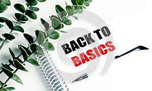 Back to basics text on spiral notebook with white pen and green leaves on white background