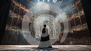 With back to a grand intricately designed stage curtain a performer stands in the spotlight voice carrying through the .