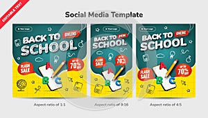 Back to online school social media template background. Flash Sale up to 70 percentage off. Design with icon chalk style and 3d