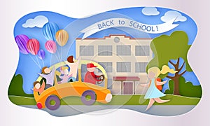 Back to school 1 september card. Children in bus