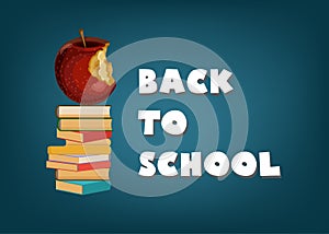 Back to school abstract background template with text, apple and pile of books on dark blue chalkboard background.