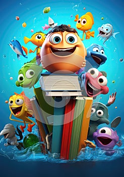 Back to School Adventure. Funny and Happy 3D Character Poster with Friends Ready for a Joyful School Journey