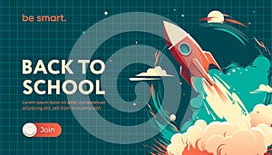 Back to school advertising web banner with rocket ship, vector illustration