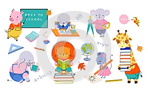 Back to school animal. Animals writing, elephant reading book. Education in preschool, cute childish wild characters