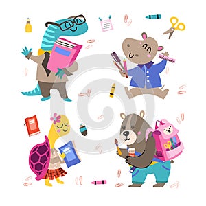 Back to school Animals cartoon set. Vector illustration Flat style, education theme. Bear, hippo, lizard, turtle.