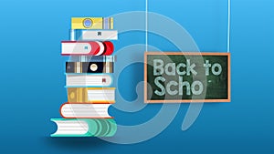 Back to school animation with books and green chalkboard on blue