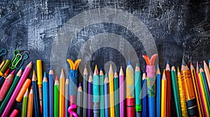 Back to School: Assorted Office Supplies on Blackboard Background
