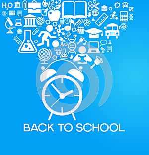 Back to school background with alarm clock and education icons.