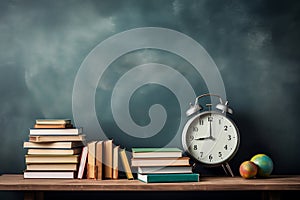 Back to School Background: Books, Alarm Clock, and Chalkboard. AI