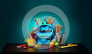 Back to school background with books and apple over blackboard. School bag and stuff on cork blackboard background with