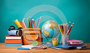 Back to school background with books and apple over blackboard. School bag and stuff on cork blackboard background with