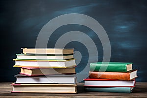 Back to school background with books over blackboard. Stack of school books on the table. School template. AI Generated