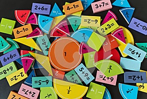 back to school background. Close up colorful wooden fractions on the table.