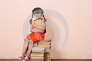 Back to school background with kid. Concept of education and reading. Industrious child. Space for advertisement text. photo