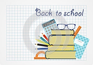 Back to school background. Paper sheet with school supplies. Ve