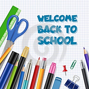 Back to school background. Pen with pencils office supply tools collection stationary vector realistic picture children