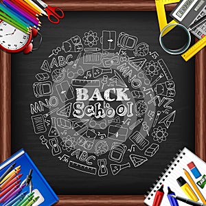 Back to school background with school supplies and doodles element on chalkboard