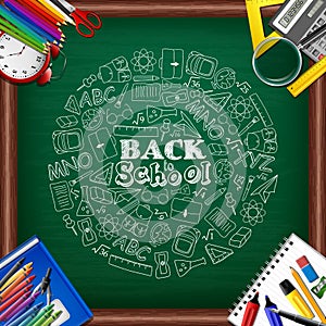 Back to school background with school supplies and doodles element on chalkboard