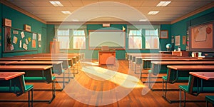 back to school background, showcasing a classroom setting with desks, chalkboards, and students engaged in learning