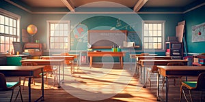 back to school background, showcasing a classroom setting with desks, chalkboards, and students engaged in learning