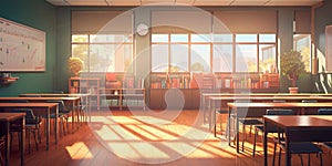 back to school background, showcasing a classroom setting with desks, chalkboards, and students engaged in learning