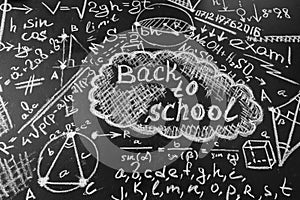 Back to school background with title Back to school and formulas written by chalk on the chalkboard