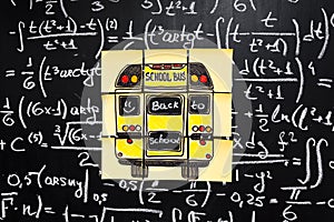 Back to school background with title `Back to school` and `school bus` written on the yellow pieces of paper