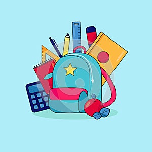 Back to school. Backpack, briefcase with school items. Autumn. Calculator, notebook, apple, pen, ruler