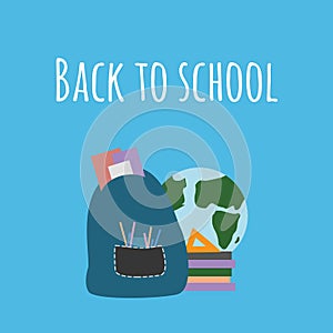 Back to school backpack illustration with study supplies on blue background