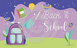 Back to school, backpack pencils books planets space elementary education cartoon