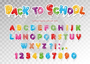 Back to school. Balloon colorful font for kids. Funny ABC letters and numbers. For birthday party, baby shower.