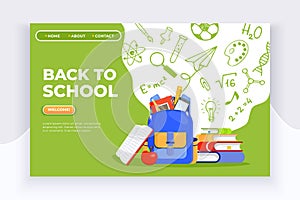 Back to school banner. Backpack, apple, books and school supplies on colorful background. Back to school education