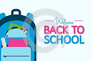 Back to school banner.  Backpack with school supplies and education items. Card for 1 september. Vector