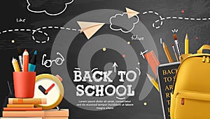 Back to school, banner. Backpack and stationery on black chalkboard
