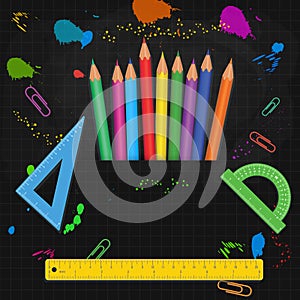 Back to school banner with colorful pencils, measure rulers, protractors isolated on abstract blackboard background