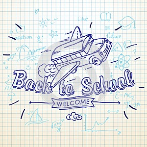 Back to school banner, doodle background, school bus, vector illustration.