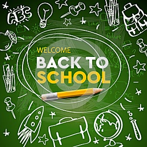 Back to school banner, doodle on green chalkboard background, vector illustration.