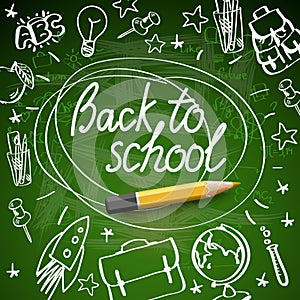 Back to school banner, doodle on green chalkboard background, vector illustration