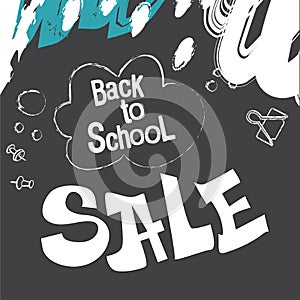 Back to school. Banner in the form of a blackboard, chalk drawings on a black background. School and office supplies