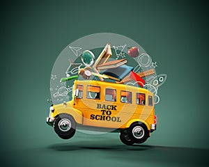 Back to school banner. Funny School bus with books and accessory on green background.